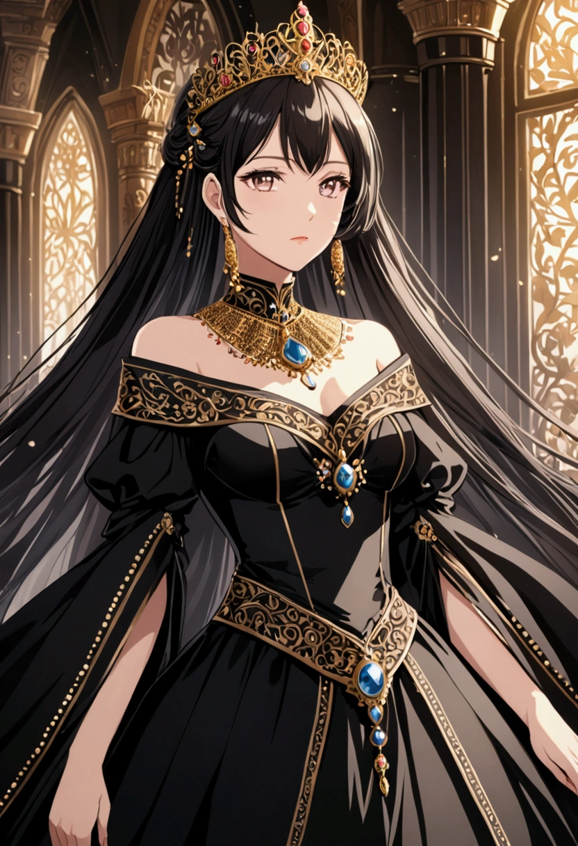 ((anime artstyle)),(Masterpiece),(Best Quality), (Super Detail),((Very Delicate and Beautiful)),(((Solo))),((full body portrait)),(((1 arrogant queen in beautiful embroidery black and gold gorgeous rococo princess ballgown with voluminous full length hoop skirt))),gold trim,((crinoline)),gorgeousfull embroidery,Long train((arrogant,haughty)),(((arrogant smile))),Sharp eyes,(standing in the royal palace,holding a luxurious scepter),sunlight,((gorgeous gemstone jewelry)),detailed face and eyes,jewel-like eyes,Purple eyes,(Bangs between eyes),((large amount of straight hair,extremely Long voluminous black Hair)),((gigantic tits,Long tits)),gorgeousfull embroidery,cleavage,extremely gorgeousfull hair ornament,(bling-bling extremely gorgeousfull jeweled tiara),gorgeous corsage,(Dynamic Angle),Looking at viewer,(full body)),((beautiful embroidery black and gold gorgeous rococo princess ballgown with voluminous full length hoop skirt))