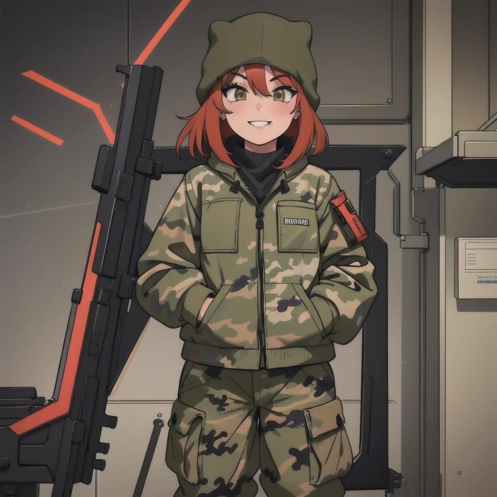 girl with smile and red short hair, black sweter, camouflage balaclava, camouflage pants and army boots.