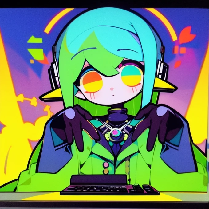 alone, score_9,score_8_up,score_7_up, anthro female kirlia, naked, nipples, vagina, indoors, playing on a gaming pc, looking at computer monitor, wearing headphones, side view, livestream, live chat.