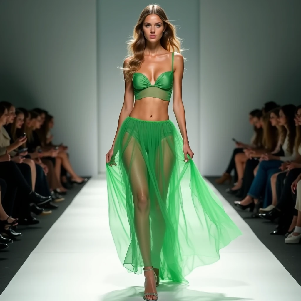 (Best quality, 8k, 32k, Masterpiece, UHD:1.2),Photo of Pretty Japanese woman, 1girl, (medium-short dark brown hair), double eyelid, fashion model,1.77meters， beautiful legs, unique maxi very wet light green dress with slit, off-shoulder, gold belt, choker, stand tall, runway, huge stage, Paris Collection, nsfw, full body, see through,,