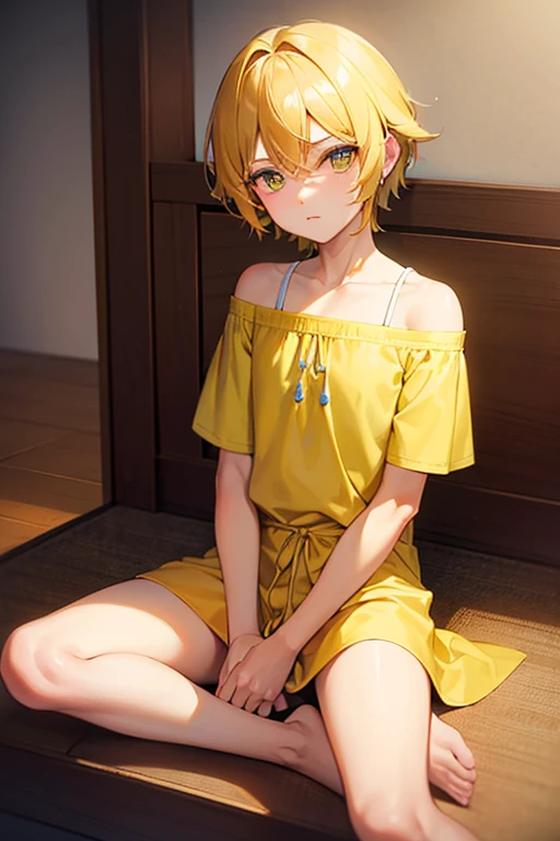 12-year-old girl、Tank top、mini skirt、Yellow Hair、Fluffy long hair、Red eyes、Cat's eyes、Luxurious and bright dresses、
