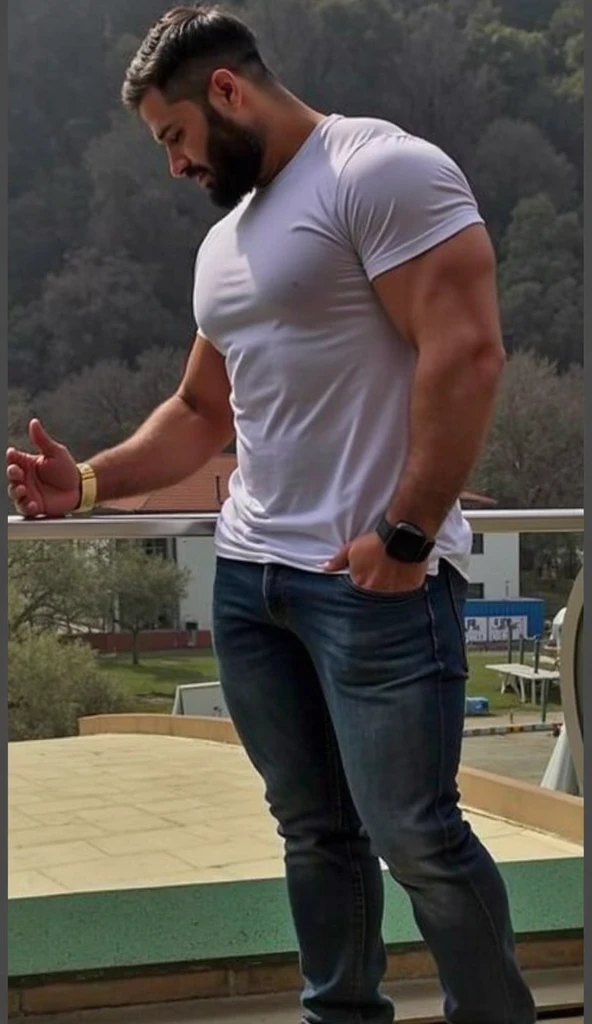 masterpiece, best quality, highres, full body portrait, ((wide angle)) male focus, solo focus, young arafed man, beefy, burly, hairy, manly, (shirtless:1.2), wearing sweatpants with large bulge in crotch, on a high rise balcony overlooking the Toronto skyline, cigarette in mouth, smoke, barefoot, looking into the distance, (sunset), incredible composition, seen from the side, HDR, volumetric lighting,