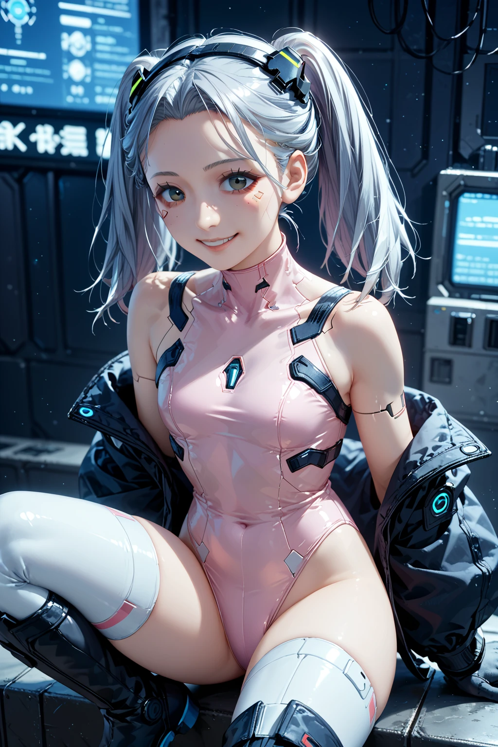 RAW photo,1girl, solo, :d, animal ear headphones, animal ears, arms up, bangs, blush, bodysuit, breasts, bunny pose, clothes writing, covered navel, cowboy shot, cropped jacket, fake animal ears, gloves, outdoor,morning,snow, hair intakes, headphones, impossible bodysuit, impossible clothes, jacket, large breasts, latex, latex bodysuit, long hair, long sleeves, looking at viewer, large breasts, multicolored gloves, open mouth, pink bodysuit, pink eyes, red eyes, red jacket, shiny clothes, shrug \(clothing\), sidelocks, skin tight, smile, thigh gap, thighs, twintails, very long hair, white gloves, white hair,alice \(nikke\),(shiny skin),