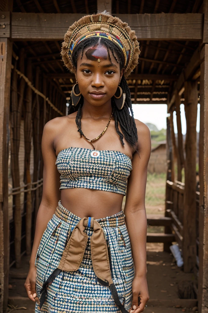 A beautiful African woman approaching a hut in a forest and she is wearing African prints and doesn't look realistic