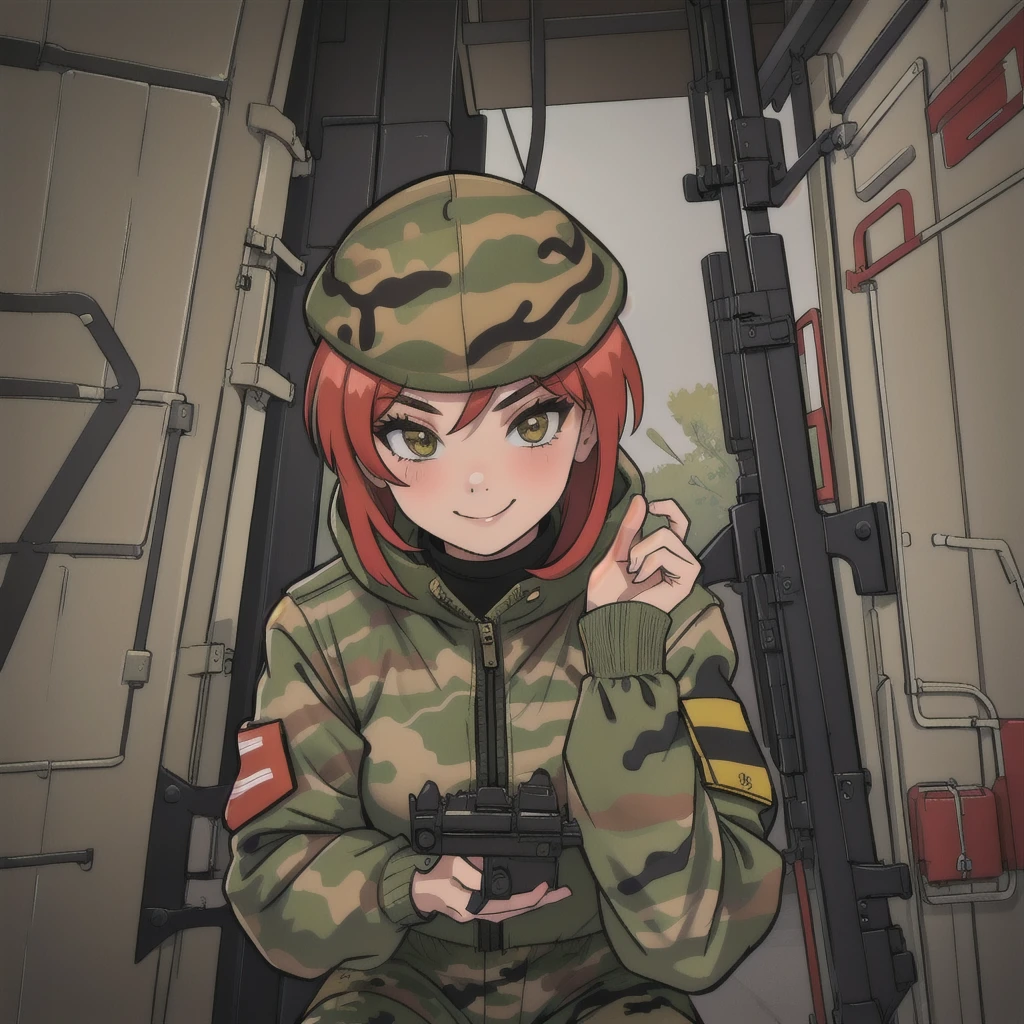 girl with smile and red short hair, camouflage jacket, camouflage balaclava, camouflage pants and army boots.