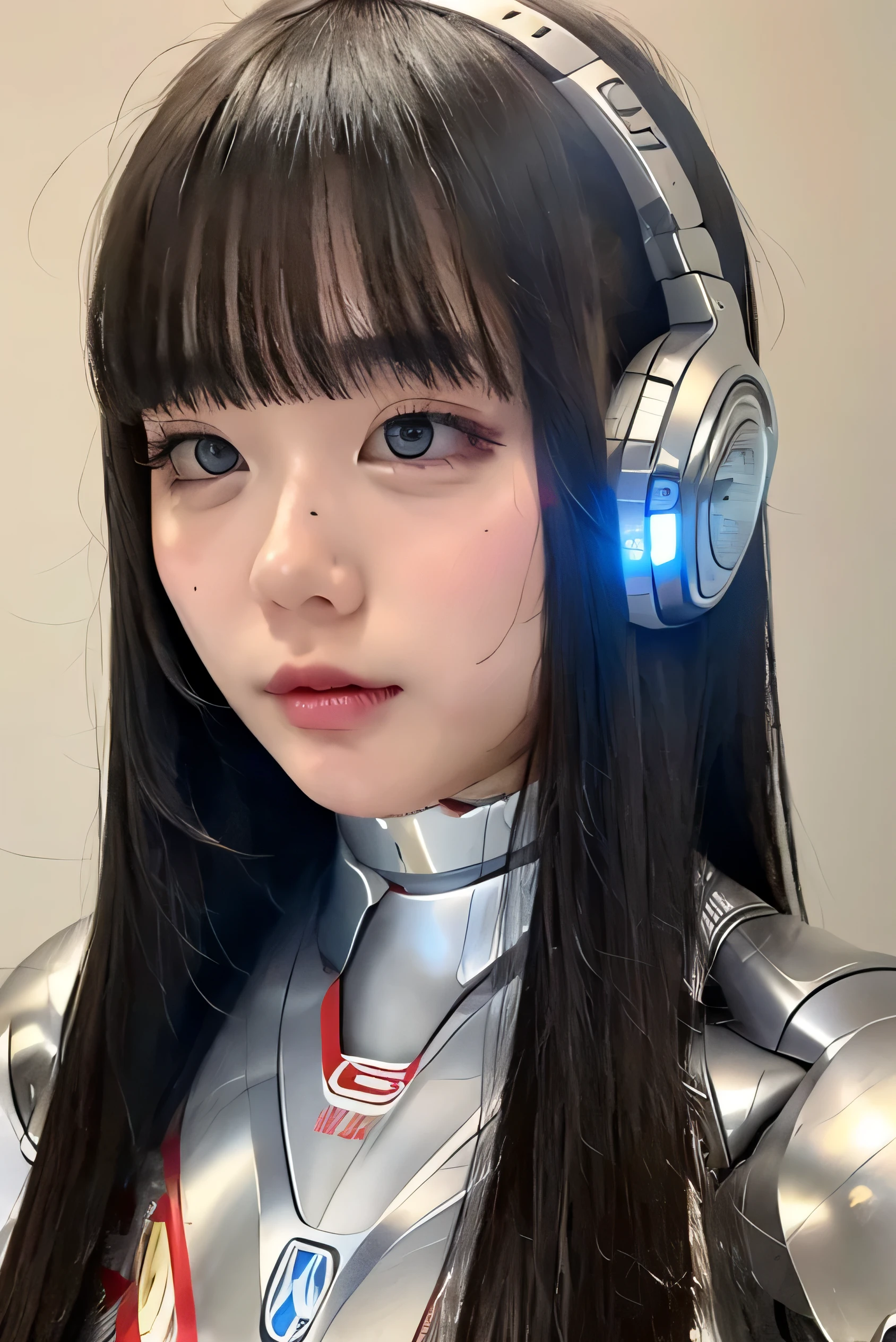 masterpiece, best quality, extremely detailed,portrait,front view,Japaese android girl,Plump, control panels,android,Droid,Mechanical Hand, Robot arms and legs,Blunt bangs,long tube,thick cable connected her neck