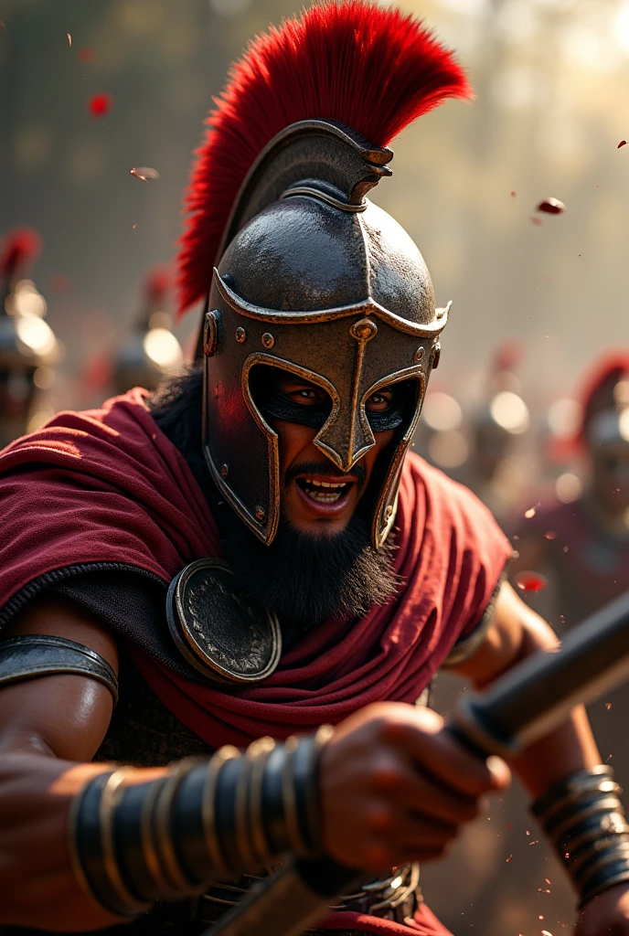 **a gladiator fighting against the enemy, close up shot, game art style, epic war scene, ultra realistic, high resolution, high details, high quality, cinematic, dynamic perspective, depth of field, natural lighting, red helmet with black line and white stripes on top of head, sword in hand, splashes flying around .