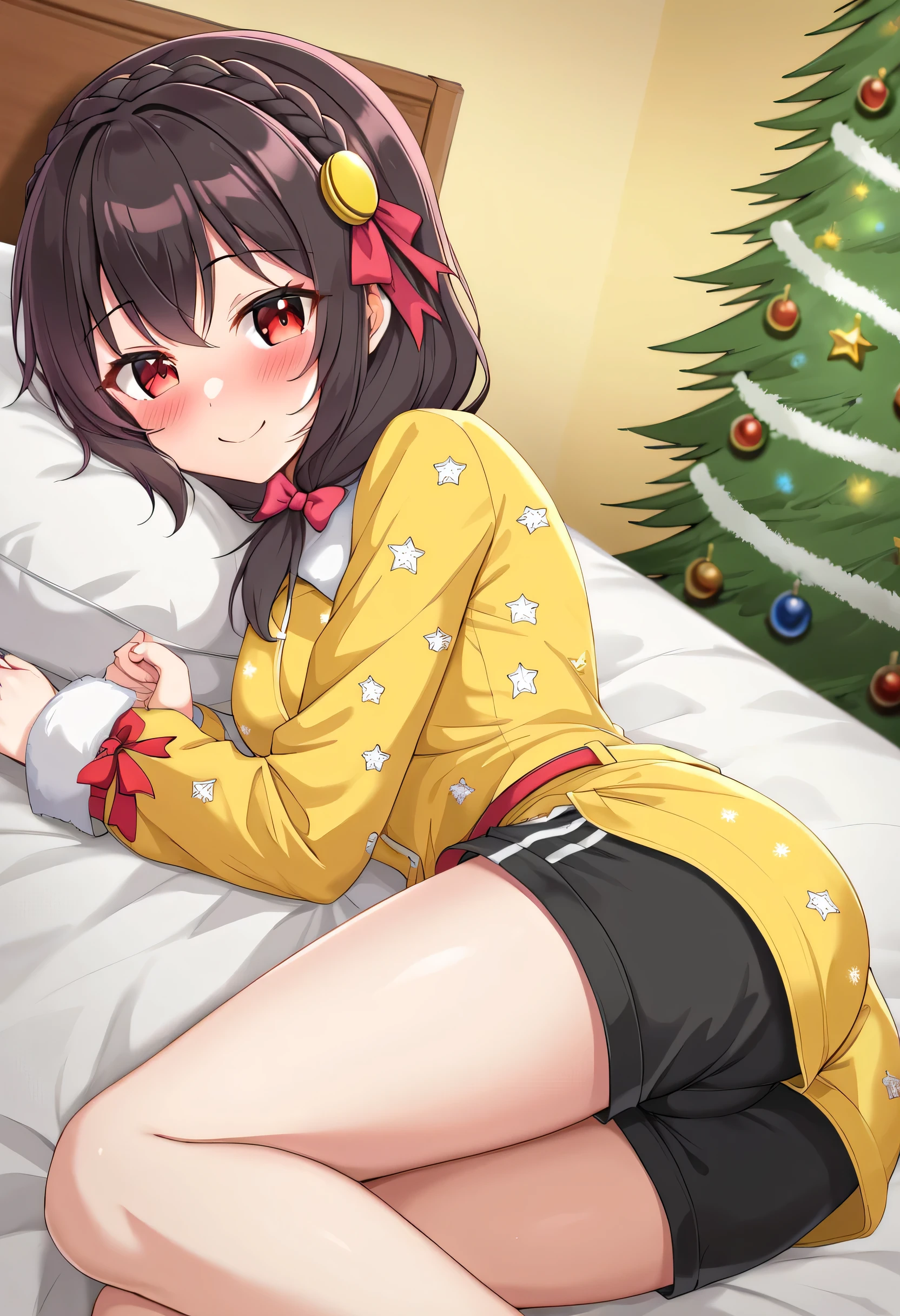 yunyun、masterpiece, best quality,  high definition ,(One person), Yunyun、  crown braid the same color as your hair,  black hair、Red eyes、 hair accessory with an open crotch, (Yellow pajamas)、( black shorts )、 big-breasted 、(blush:1.2)、( Christmas tree:1.2)、( kind smile)、View the viewer、Sleep sideways on your bed 