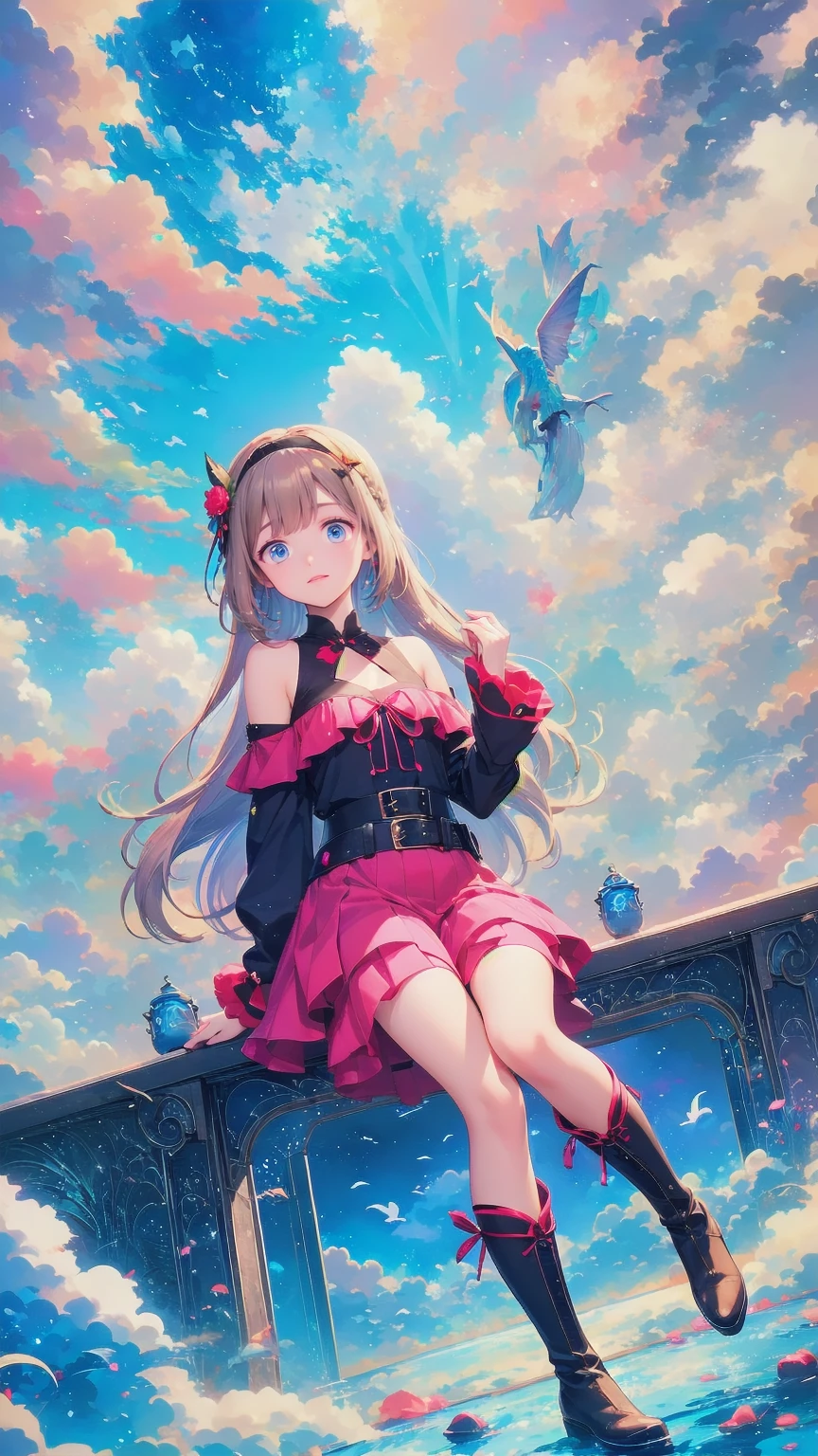   anime style 、story、、   pretty girl 、とてもcute天使、  pink gothic dress 、cute、、smile、  Long Skirt 、   black boots 、Very cute headband
