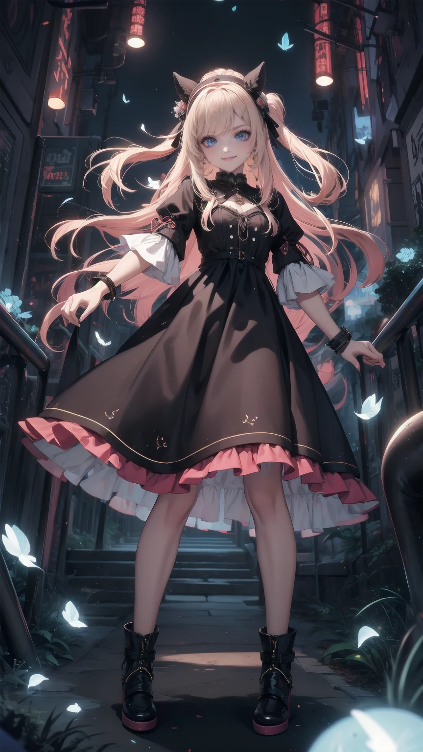   anime style 、story、、   pretty girl 、とてもcute天使、  pink gothic dress 、cute、baby face、smile、  Long Skirt 、   black boots 、Very cute headband
