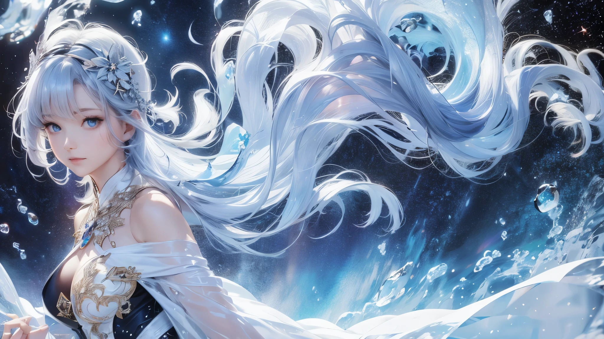 ((masterpiece)), ((( best quality))), (( Very detailed)), ((shape)),[ Realistic Light Effects ],shadow,( Fantasy Style ),(White background:1.6), simple background, (Earth Theme),(Cape)[(Hair Focus,(( one girl )),[( Big Slime Hair ): (Cloud Hair):0.3], (Background Hair ),( high saturation ),( Hair Surrounded by Galaxy Splash),)):(( Her Hair Is Made of Galactic Clouds ,:1.27628), ( Her Hair and Clothes Are Galactic Clouds and Star Clusters :1.1025),(Cape is becoming galaxy clouds).(see-through dress)
