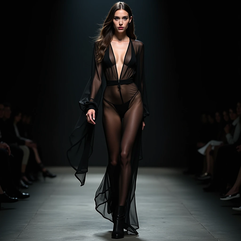 Woman on the catwalk，woman model，Fashion show，black gown