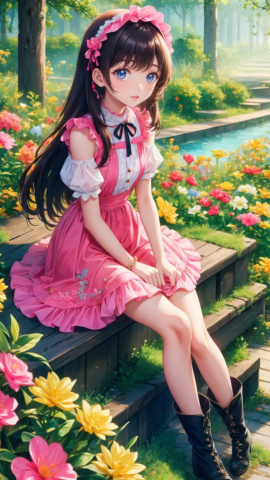   anime style 、story、、   pretty girl 、とてもcute天使、  pink gothic dress 、cute、baby face、smile、  Long Skirt 、   black boots 、Very cute headband
