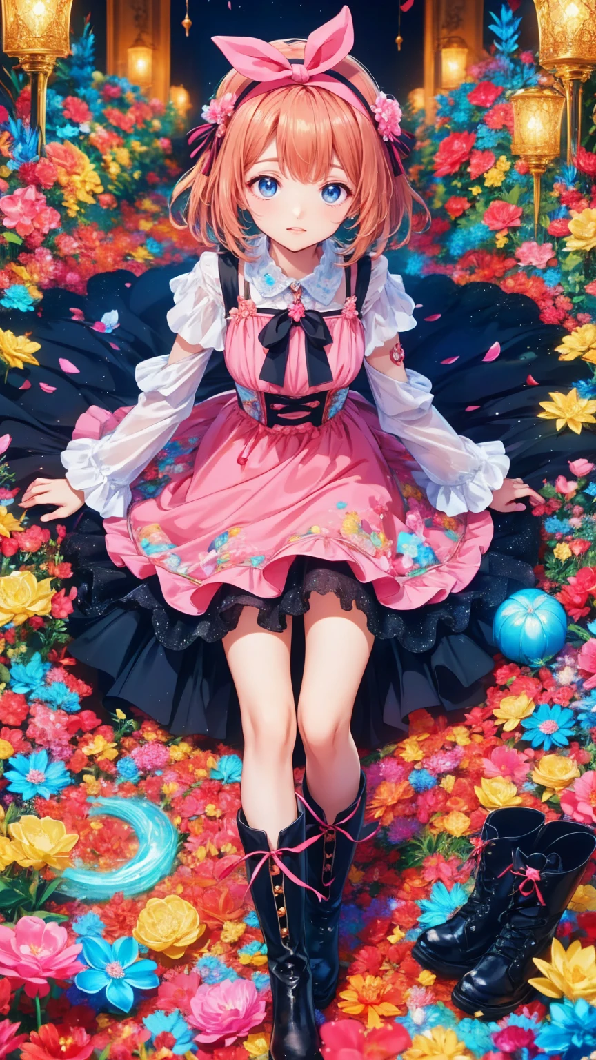   anime style 、story、、   pretty girl 、とてもcute天使、  pink gothic dress 、cute、baby face、smile、  Long Skirt 、   black boots 、Very cute headband
