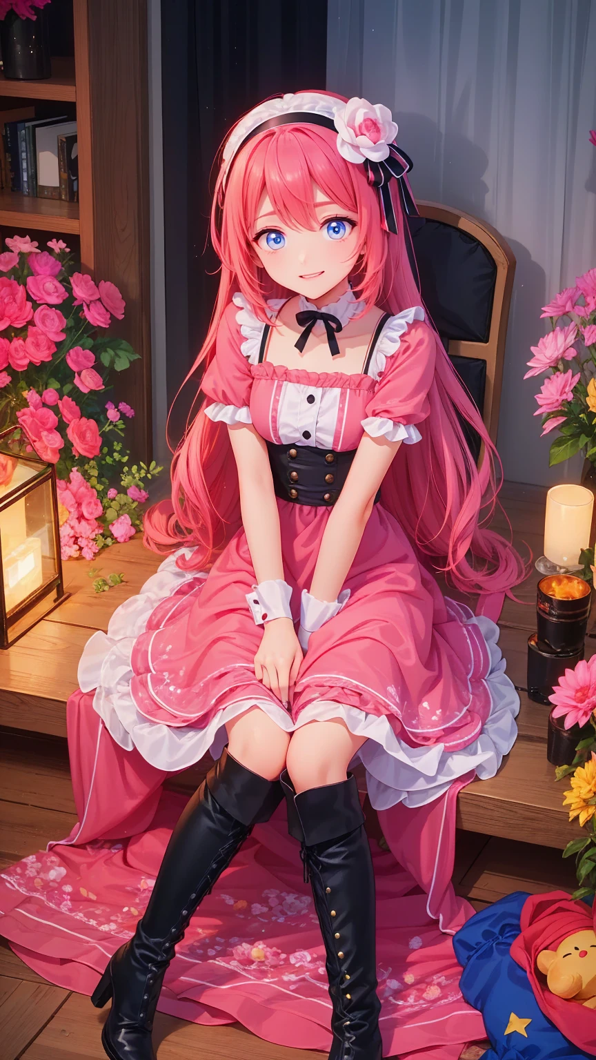   anime style 、story、、   pretty girl 、とてもcute天使、  pink gothic dress 、cute、baby face、smile、  Long Skirt 、   black boots 、Very cute headband
