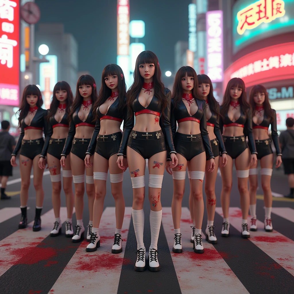 (((SFW, NSFW STILL SHOW, 12 Tiny Girls in a row:1.2, Shibuya Hachiko-mae scramble crossing on Halloween:1.2))), ((masterpiece:1.2, best quality, photorealistic:1.37)), {(Standing Full Body:1.2)|(from below:1.2)}, bandaged full body, { (bandaged head| bandaged limbs | Blood is dripping from the crotch) }, {((naked bandage))|metallic red nipple stickers}, {((bloody))|blood paste|(Blood-stained bandages)}, ((Detailed KAWAII face, Detailed glistening ivory skin)), {Bustling street|Crossroads|(Passerby schoolgirls)| halloween| neon}, {(Childish:1.2|Gigantic Cleavage:1.37|Underboob:1.2)}, {Red leather high collar| random weapons|shotgun|random hair colors}, {Floating hair|Strong wind|(((Ass focus)))}, Skirtlift, {(Kissing face to face)|:p|:d|laugh|sparkle|joyful|delighted|Drunk},extremely Detailed,