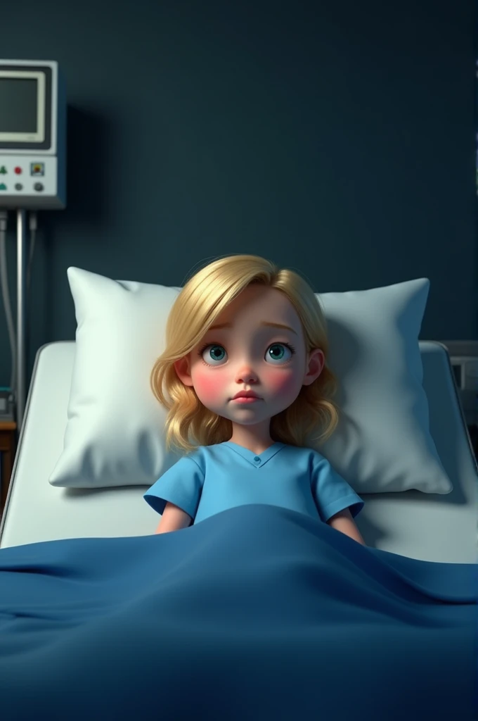 A blonde teenage girl with light brown eyes and a pink blouse looking sadly at her mother who was lying in a hospital bed, The mother is on breathing apparatus and is unconscious, She is also blonde and is wearing white clothes, disney pixar style.