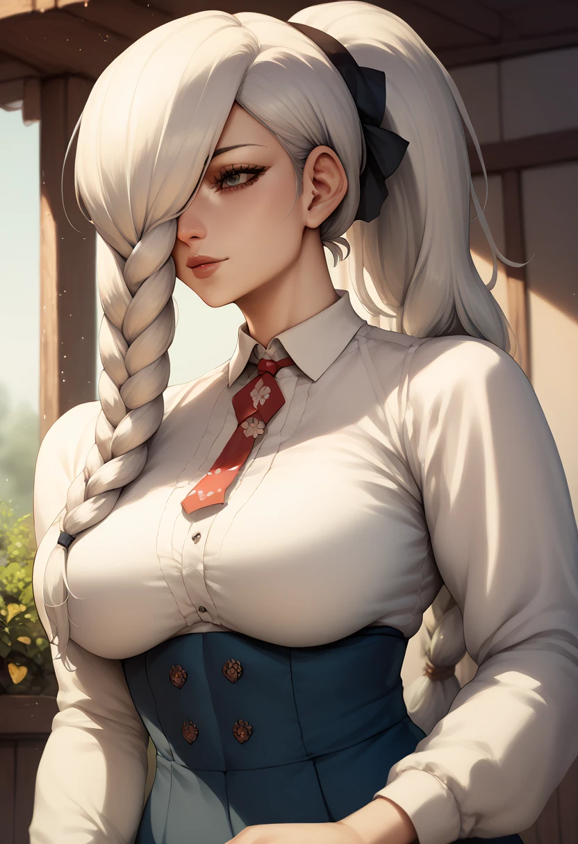 Sciamano240 style, 1girl, solo, Meimeijjk, long hair, white hair, braid, hair over one eye, ponytail, large breasts, cowboy shot