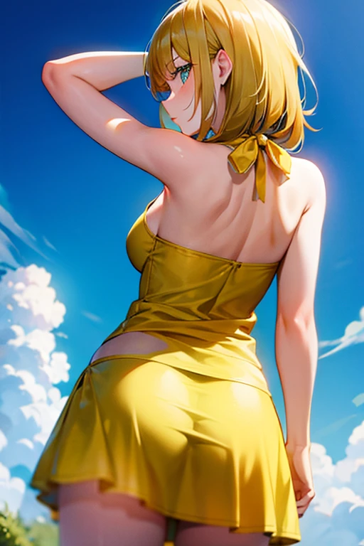 masterpiece, best quality, 1girl, solo, <lora:lindseythorndyke-sonicx-richy-v1:1> lindsey, from behind, (yellow sundress:1.3), ass, thighs, looking back, garden, sunlight, sunbeam, earrings, mature female, blue eyes, lipstick, backless outfit,