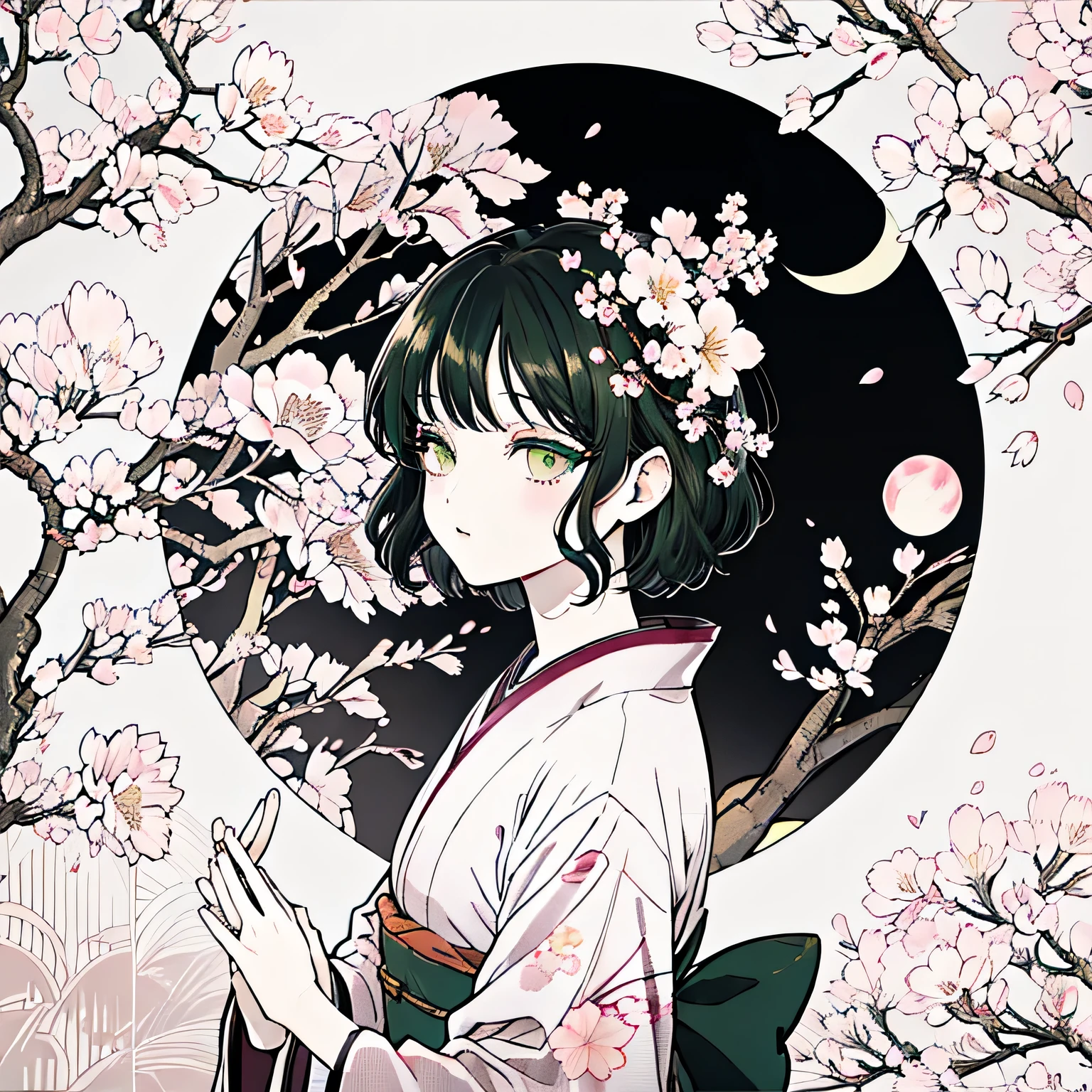 【  best quality , masterpiece】 [ girl, kimono, green eyes,  profile,   wavy short hair , Black Hair,  upper body] (Big full moon,Cherry Blossoms at Night ),   long eyelashes , Alone, fireworks