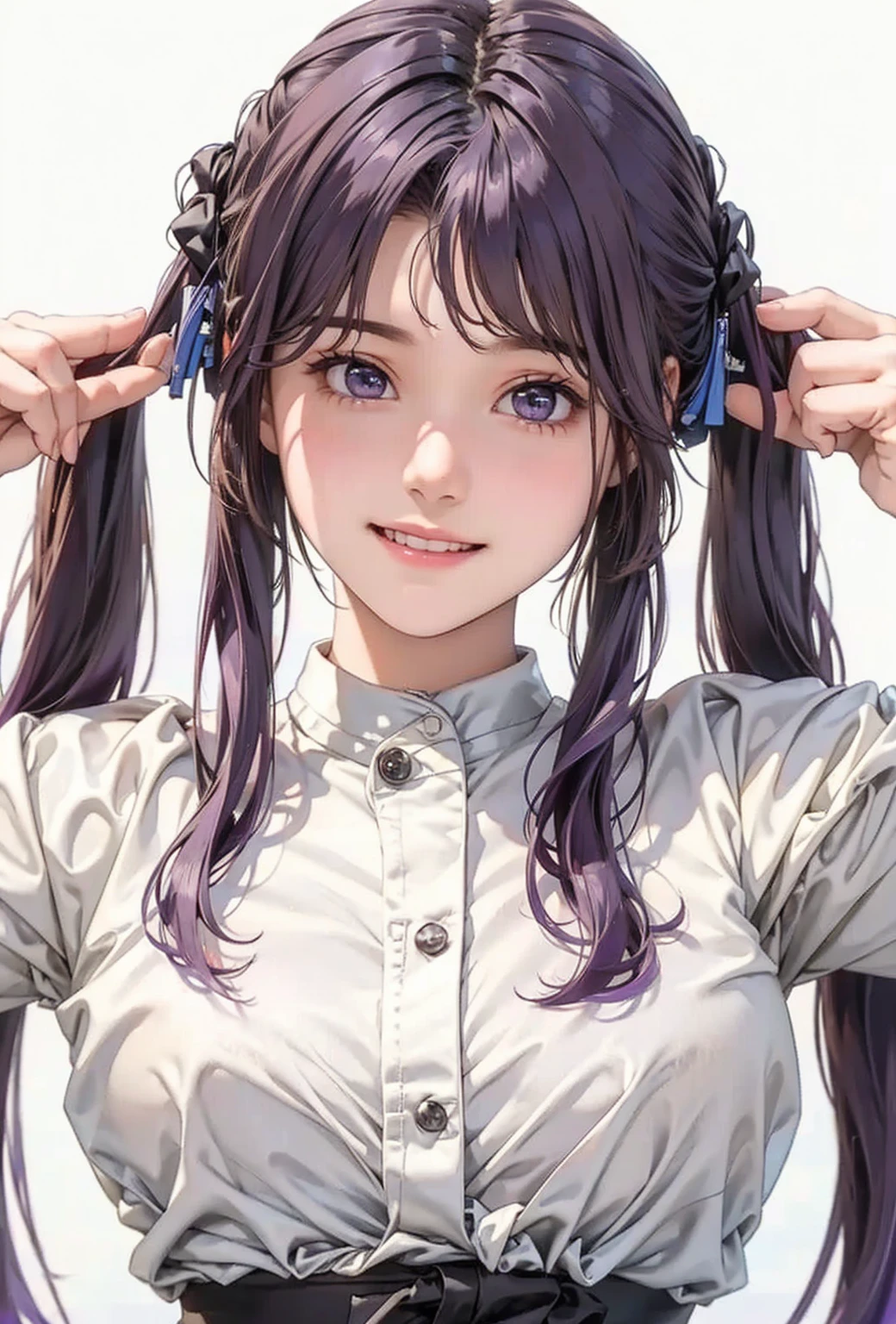 Realistic, Otherwise, masterpiece,  High Quality ,  ultra detailed 、Purple Hair、smile、 twin tails