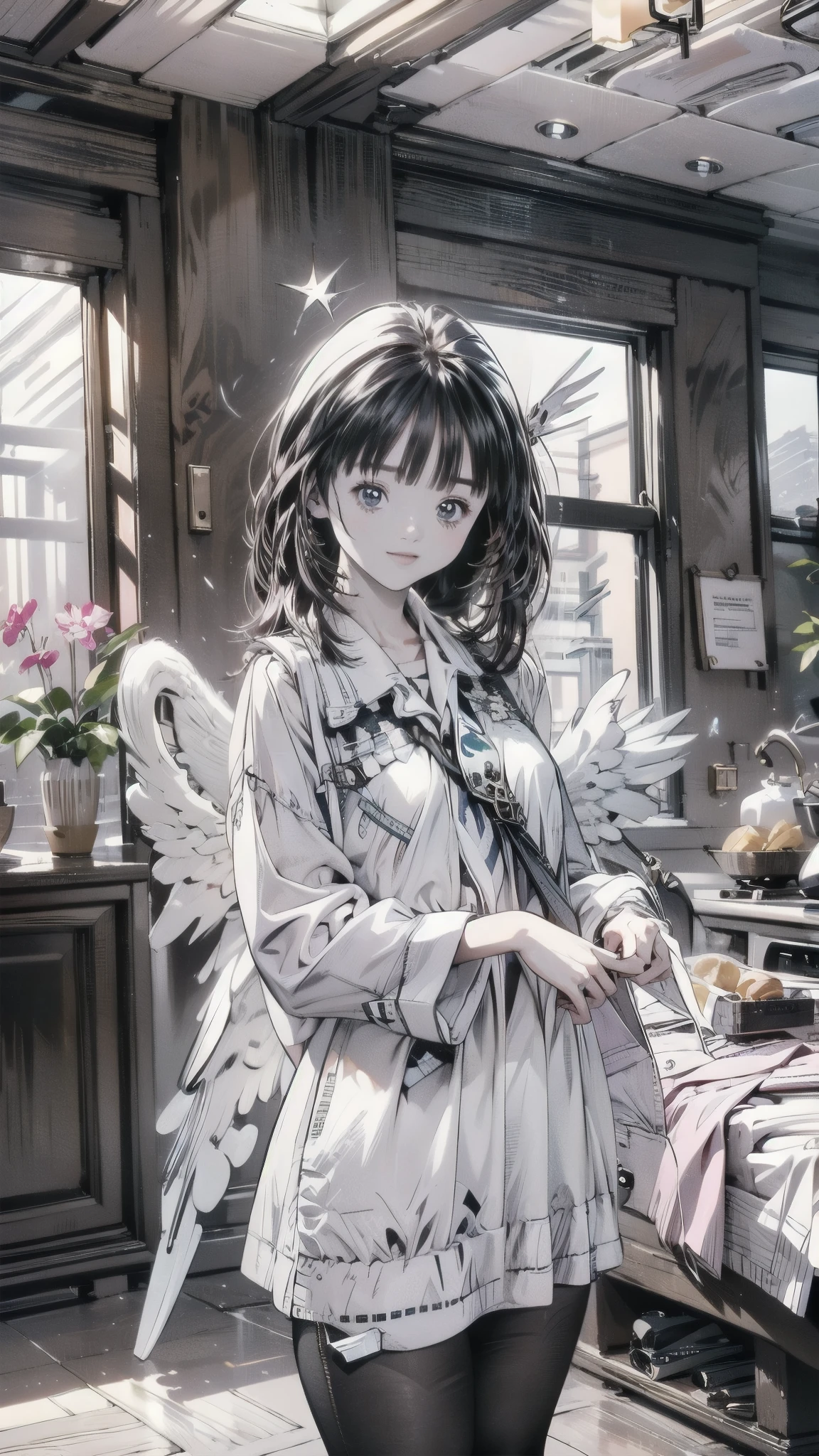 Beautiful girl、とてもcute天使、 pink gothic dress、cute、、smile、 Long Skirt、 BLACK LONG BOOTS 、Angel Wings、 smiles、