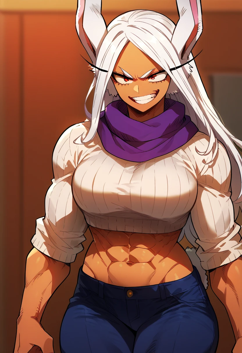 MHAmirko, Rumi Usagiyama, rabbit ears rabbit girl, white hair, long hair, red eyes, dark-skinned woman, muscular, long eyelashes, abs, seductive smile, white sweater, purple jeans, purple scarf,