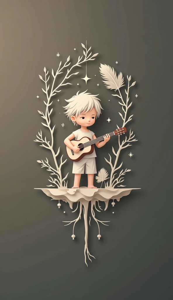 A minimal, modern, simple, cinematic logo design for the brand “Penamemoria". Create a modern, minimalistic, high-quality, logo of a white cinematic, fantasy mysterious boy playing acoustic guitar, a unique, magical, special, fantasy feather, a tree of memories, a fantasy bird alongside the boy.
