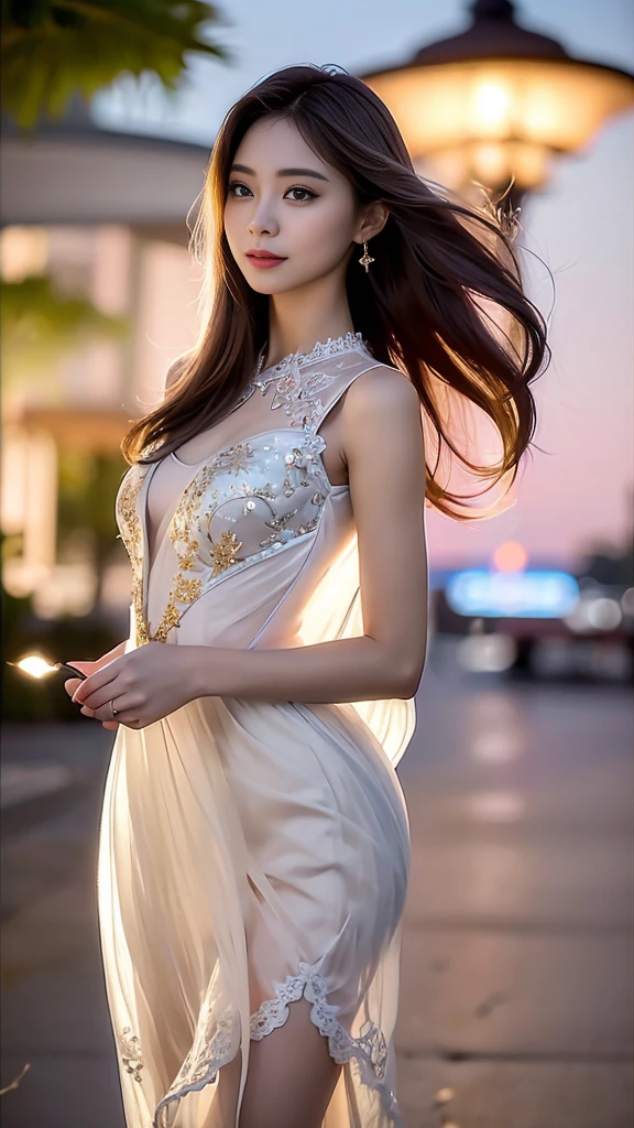 (Realistic:1.5),(raw photo:1.4), (photorealistic:1.3),(masterpiece), best quality, highest quality, extremely detailed CG unity 8k wallpaper, detailed and intricate, original,highres, [:(detailed face:1.2):0.2],film grain, Fujifilm XT3, (high detailed skin:0.9), 8k,(ulzzang-6500:0.9), balcony, show by rock!!, light smile, cleavage, detailed gradient background, full body, sunlight,slim body,beautiful dress,beautiful hand shape, full body
