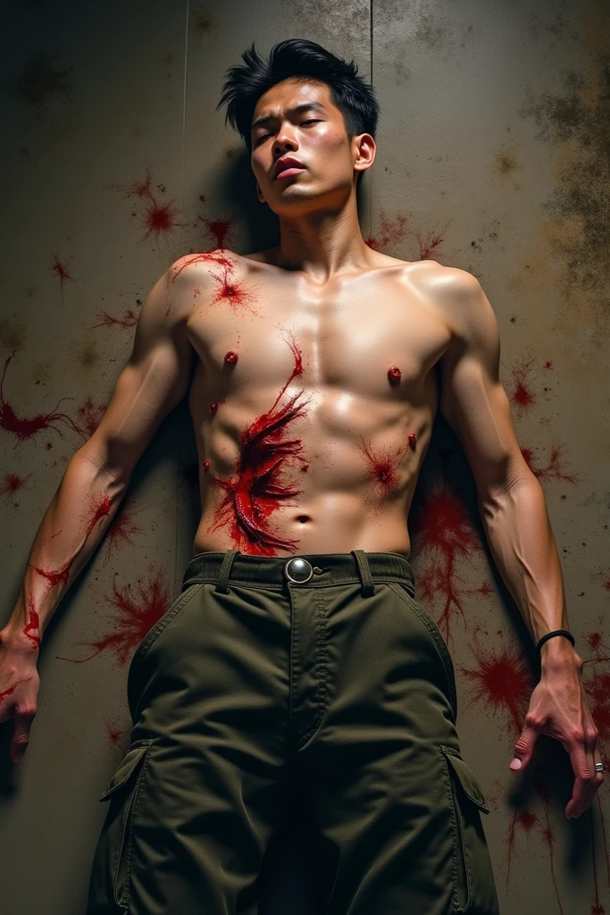 tall young man, with scars all over his upper body, wearing pants and no shirt