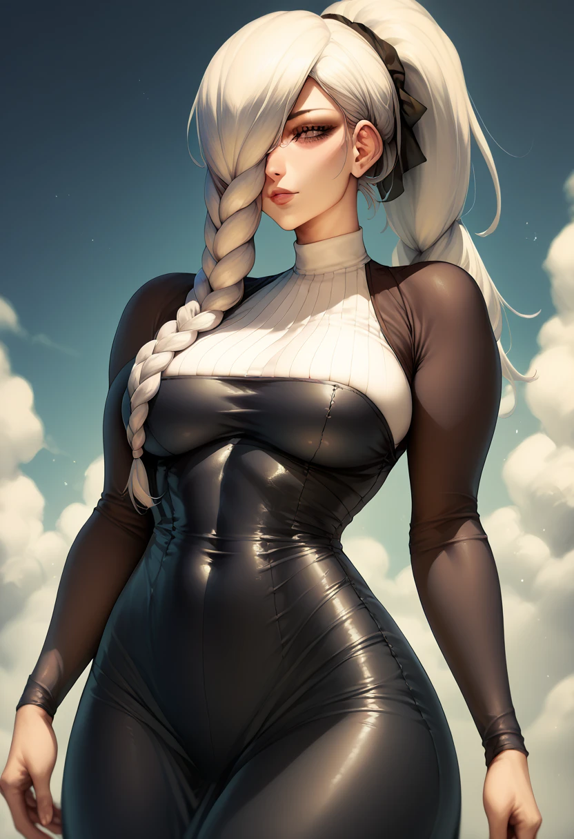 Sciamano240 style, 1girl, solo, Meimeijjk, long hair, white hair, braid, hair over one eye, ponytail, large breasts, black long tight dress