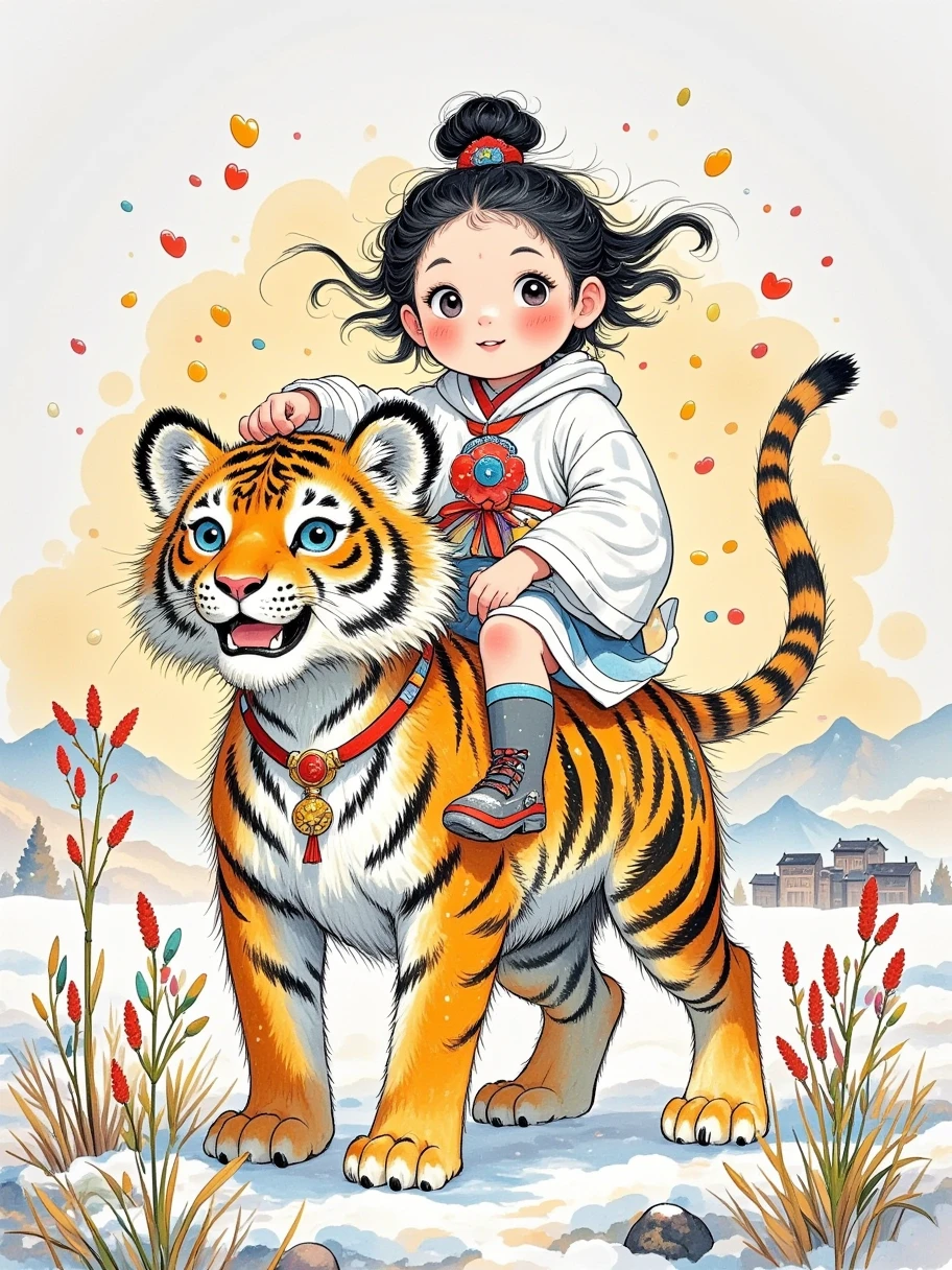 A detailed digital color photo depicts a young Chinese girl riding on the back of a tiger in a snowy landscape. This girl looks like a  girl, located in the middle of the image, with her upper body facing the audience and her eyes staring directly at them. She has short black hair, wearing a white hooded cloak with a red tone and gray cloth shoes, with a red ribbon tied around her waist. The tiger has well-developed muscles and a fierce expression. It stands on its hind legs and places its front paws on the girl's head. The background is tall and thin grass, and the entire scene is set in a winter, with a snow covered landscape and a hint of snow in the air