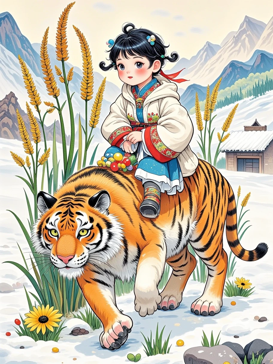 A detailed digital color photo depicts a young Chinese girl riding on the back of a tiger in a snowy landscape. This girl looks like a  girl, located in the middle of the image, with her upper body facing the audience and her eyes staring directly at them. She has short black hair, wearing a white hooded cloak with a red tone and gray cloth shoes, with a red ribbon tied around her waist. The tiger has well-developed muscles and a fierce expression. It stands on its hind legs and places its front paws on the girl's head. The background is tall and thin grass, and the entire scene is set in a winter, with a snow covered landscape and a hint of snow in the air