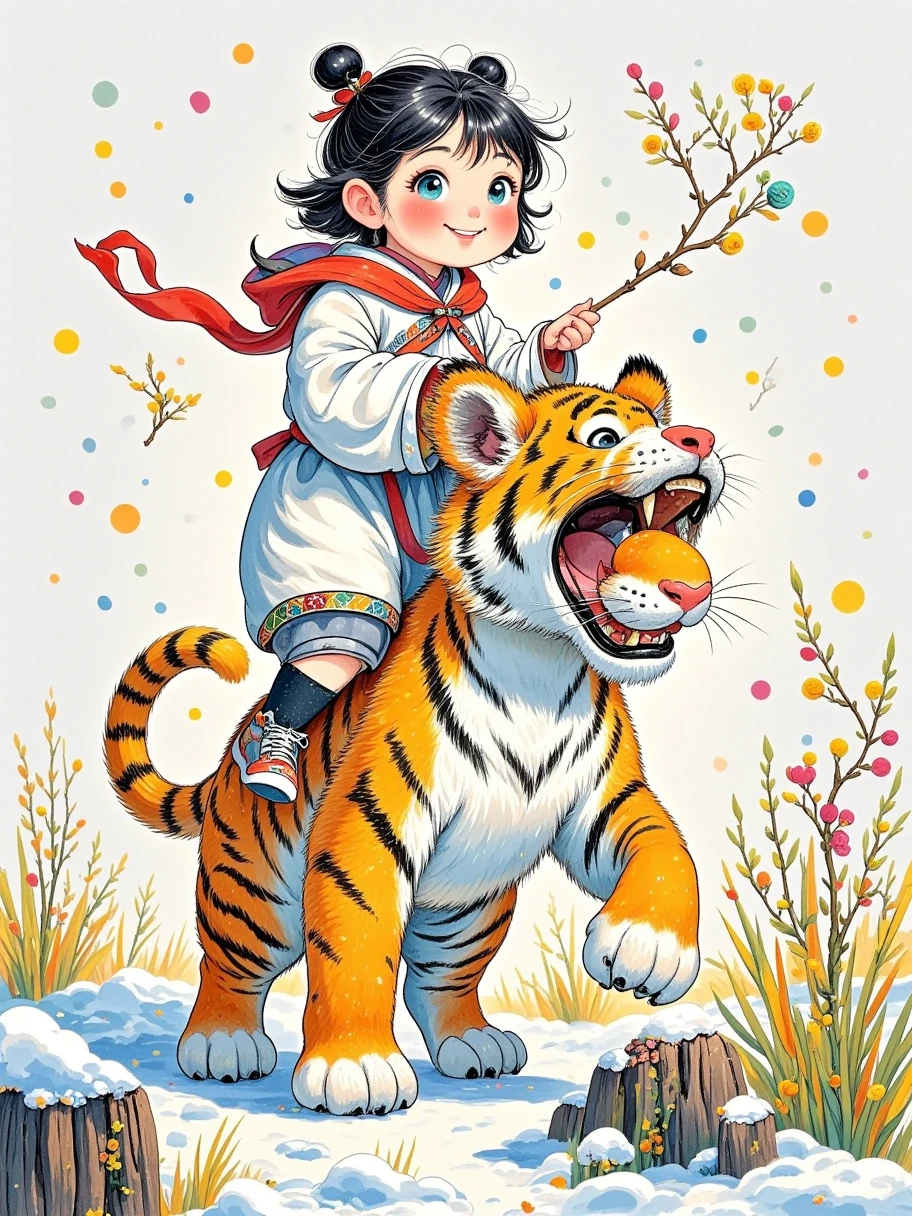 A detailed digital color photo depicts a young Chinese girl riding on the back of a tiger in a snowy landscape. This girl looks like a  girl, located in the middle of the image, with her upper body facing the audience and her eyes staring directly at them. She has short black hair, wearing a white hooded cloak with a red tone and gray cloth shoes, with a red ribbon tied around her waist. The tiger has well-developed muscles and a fierce expression. It stands on its hind legs and places its front paws on the girl's head. The background is tall and thin grass, and the entire scene is set in a winter, with a snow covered landscape and a hint of snow in the air