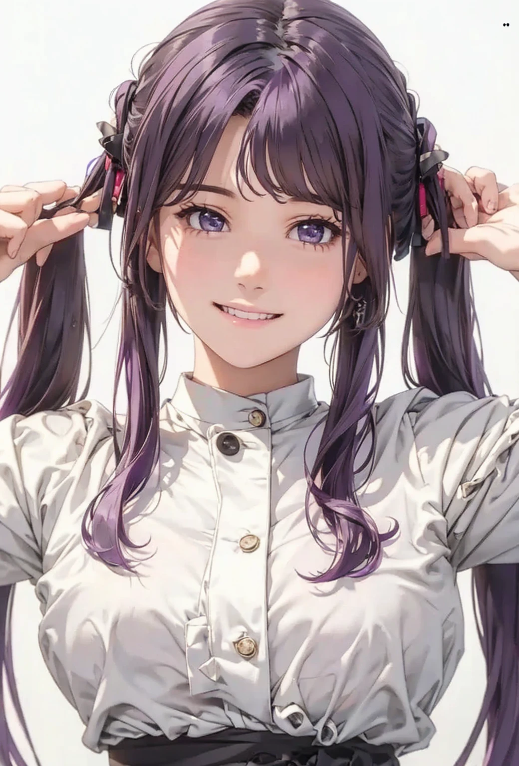 Realistic, Otherwise, masterpiece,  High Quality ,  ultra detailed 、Purple Hair、smile、 twin tails