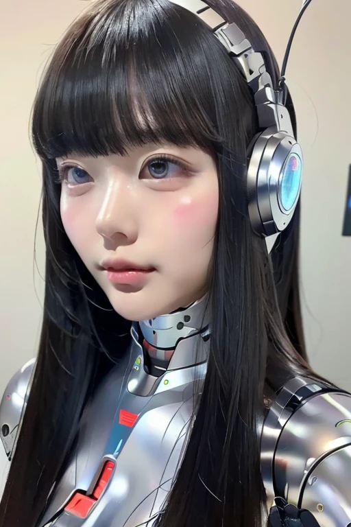 masterpiece, best quality, extremely detailed,portrait,front view,Japaese android girl,Plump, control panels,android,Droid,Mechanical Hand, Robot arms and legs,Blunt bangs,long tube,thick cable connected her neck