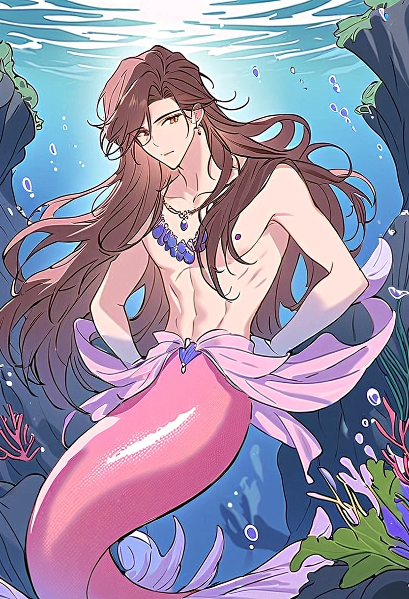 (absurdres, highres, ultra detailed, HDR), 1 male MERMAID, MALE ONLY, adult, handsome, tall muscular guy, broad shoulders, finely detailed eyes and detailed face, purple eyes, Pink color long hair, fantasy, complex pattern, detailed face, GORGEOUS necklaces and accessories, prism, glowing, glitter, particles, bloom, likes to celebrate and have fun, enjoys nature, bright and optimistic outlook, creative and adventurous spirit, represents happiness and harmony, under the water, sea theme, bubbles, high quality, 4K WALLPAPER, looking at the viewers.