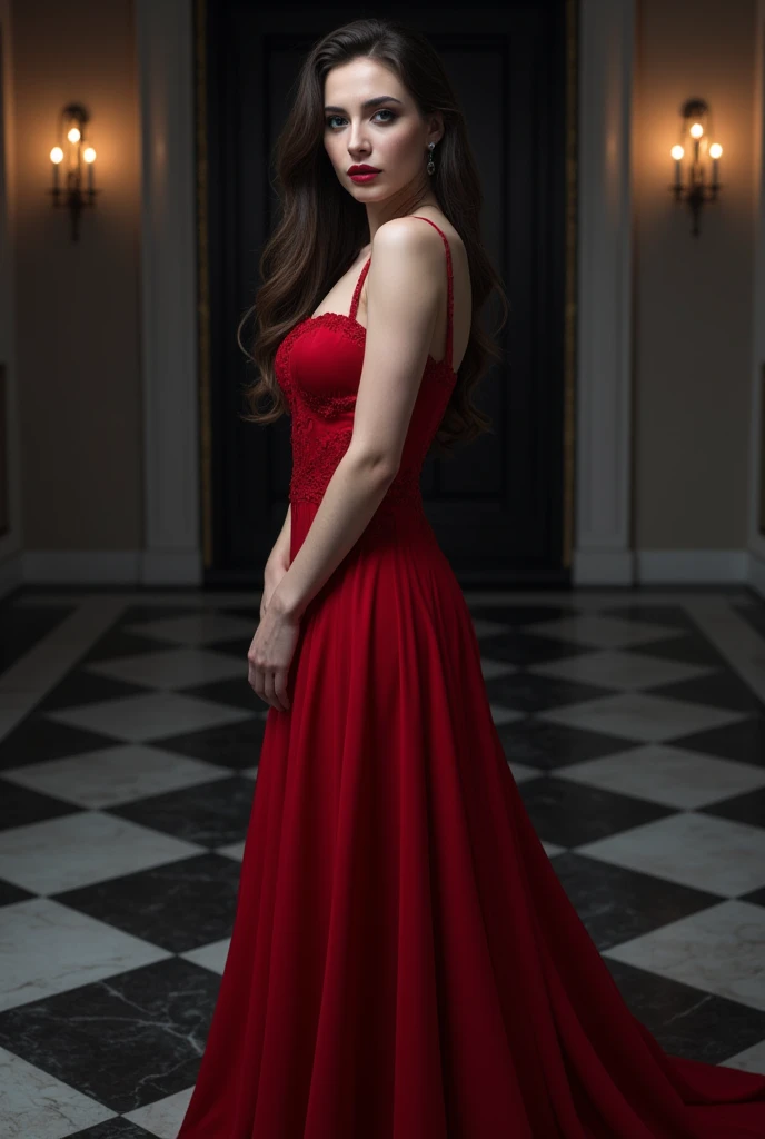 Beautiful woman, standing, wearing (scarlet floor length gown), beautiful legs, long wavy hair, detailed eyes, (detailed realistic face), (skin texture), blood red lips, dark eye makeup, very  pale skin, confident, highly detailed, candid style, (extremely detailed CG unity 8k wallpaper), (whole body shoot::1.4), photo of the most beautiful artwork in the world, dark gothic, fashion top model, trending on ArtStation, trending on CGSociety, Jeremy Mann, Intricate, High Detail, Sharp focus, dramatic, photorealistic painting art by midjourney