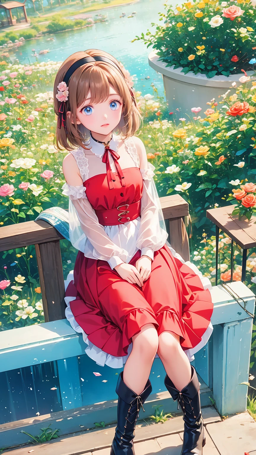   anime style 、story、、   pretty girl 、とてもcute天使、  pink gothic dress 、cute、、smile、  Long Skirt 、   black boots 、Very cute headband
