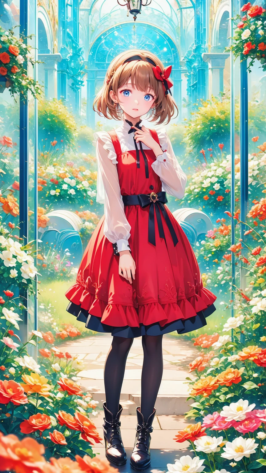   anime style 、story、、   pretty girl 、とてもcute天使、  pink gothic dress 、cute、、smile、  Long Skirt 、   black boots 、Very cute headband
