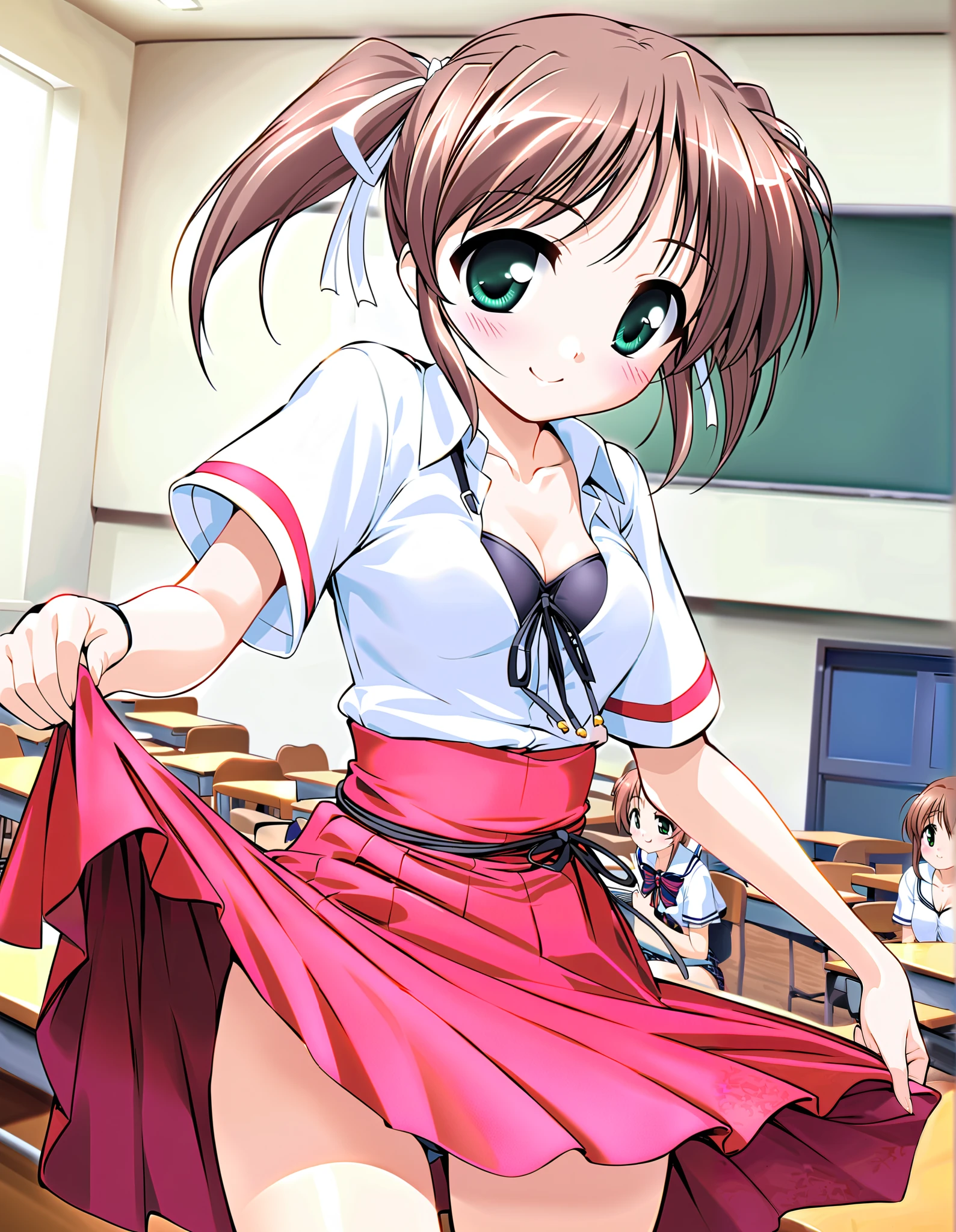 Asagiri Mai, (cowboy shot),  brown hair,  shorthair, Hair ribbon, twintails, Green Eyes, ( small breasts), ( cleavage), (School Idol:1.2), (Red cheeks:1.2), (Happy smile:1.2), (I'm wearing the costume of the :1.2), (wind lift:1.2), (lecture hall:1.2), (School:1.3),  score_9,  score_8_superior,  score_7_superior,  source_anime, (best quality:1.2), 細部までこだわったanime,  high quality, full color, 8k, natural body shape,  high definition 