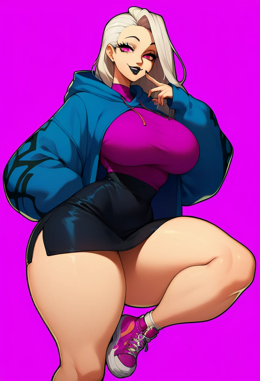 1girl, thicc thighs, big breasts, seductive smile, oc, anime, black lips, thicc thighs, blue bkini, purple, White hair, pink eyes, purple top, black skirt, white thigh high shoes, blue hoodie, pink shoes