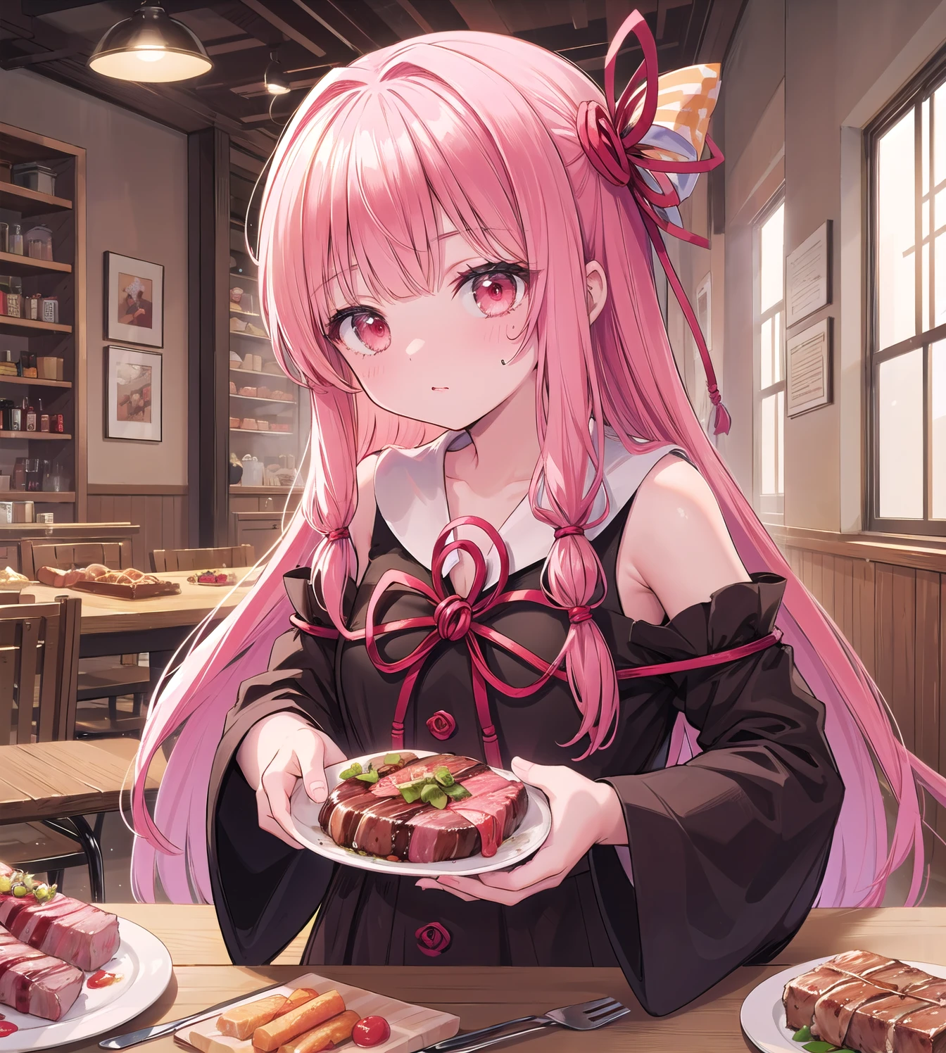 (masterpiece, Highest quality:1.2),One person, Kotonoha Akane,((hair ribbon:1.2)),steak:1.2,Good Meat Day:1.3,Meat on the table:1.2,Hair ribbon paper,Black Dress,Wide sleeves,Exposing shoulders,Pink Hair