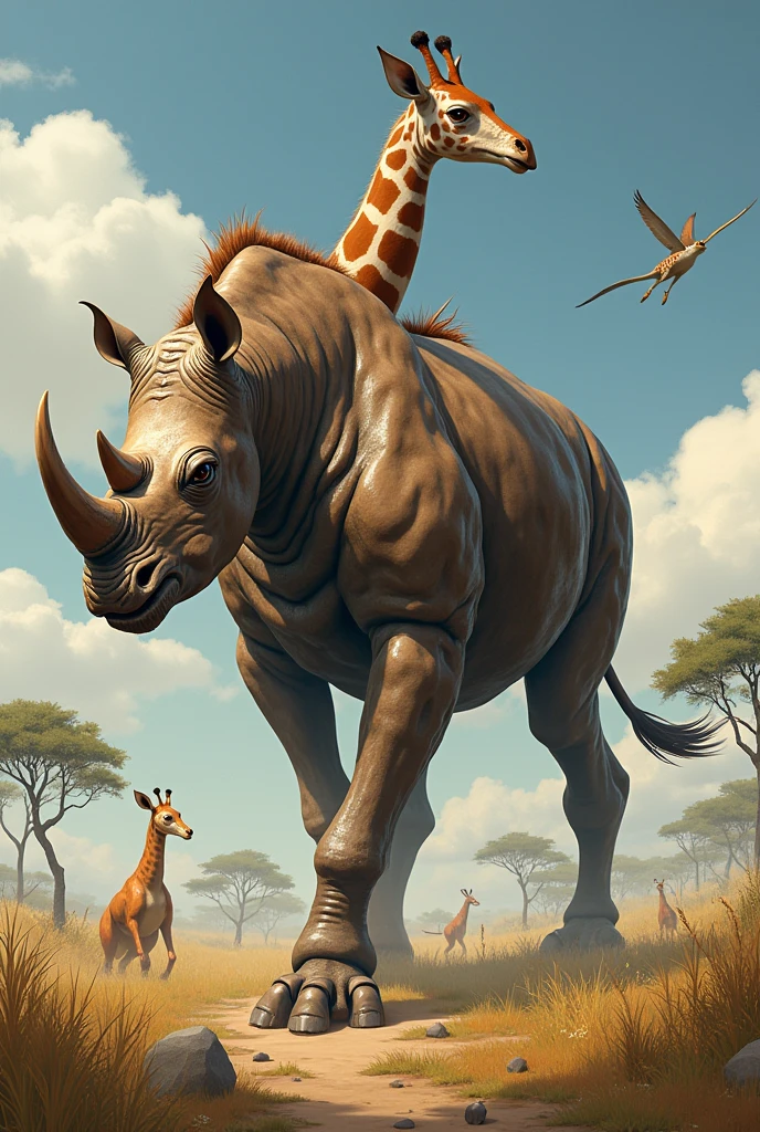 A rhino mixed with a giraffe in the savannah