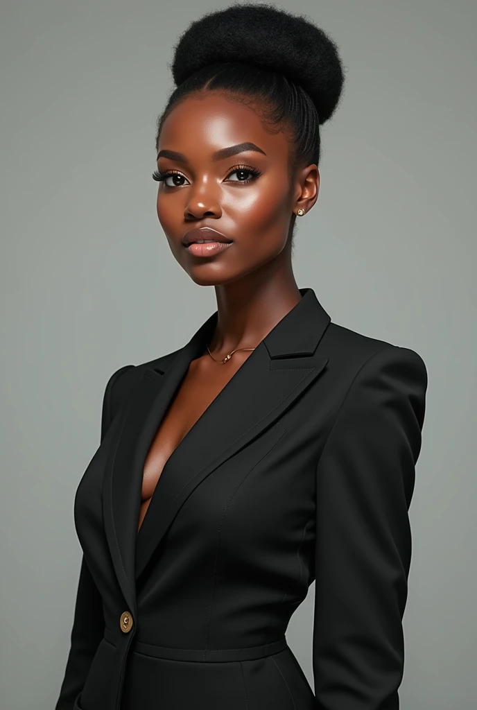 Crie uma imagem realista, of a black woman dressed in a suit, no cleavage 
