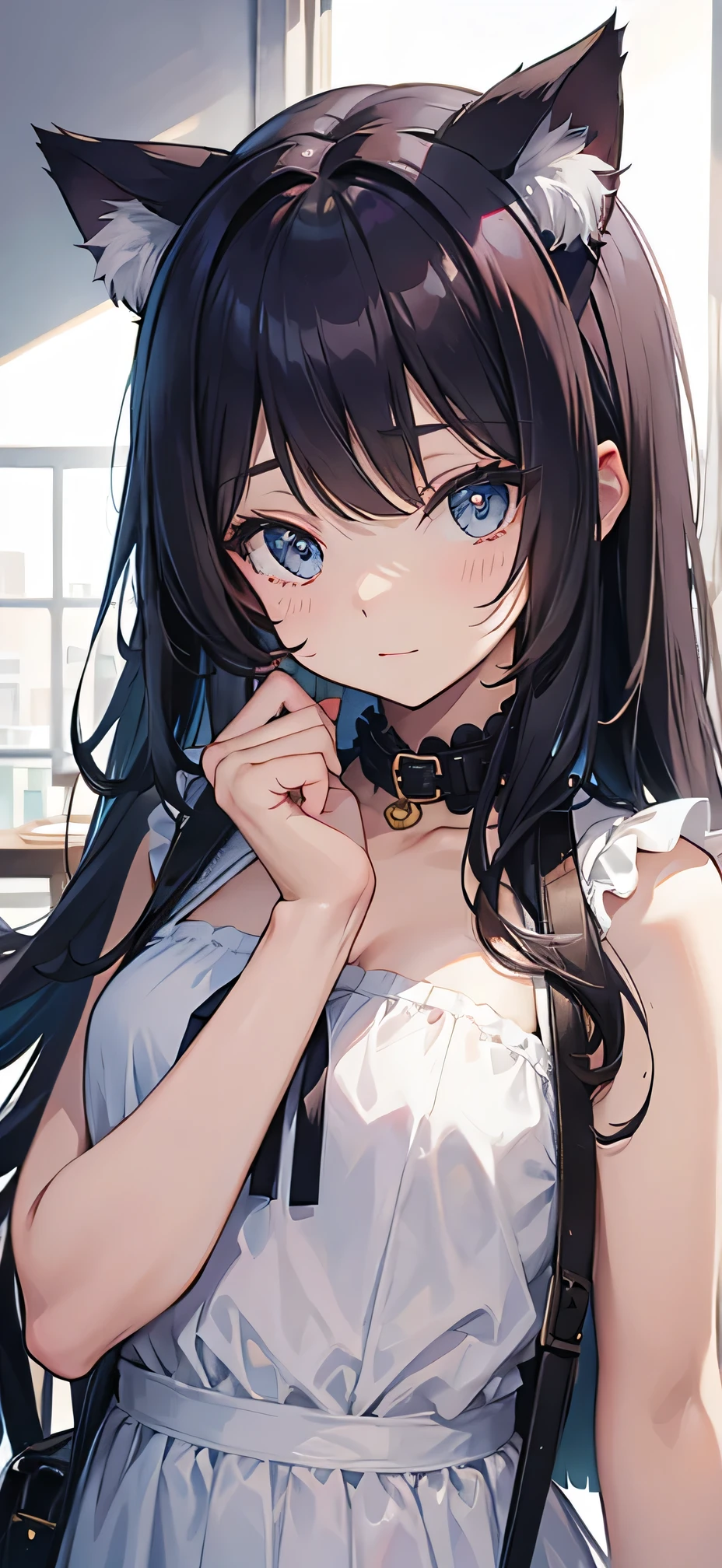 beautiful girl、portrait、Black straight long hair、Office Casual Fashion、black Sleeveless high neck knit、Tight pants style、slender、Model Body Type、Ideal Style、 women、Slim and cute、off shoulder foodie、casual、Smile