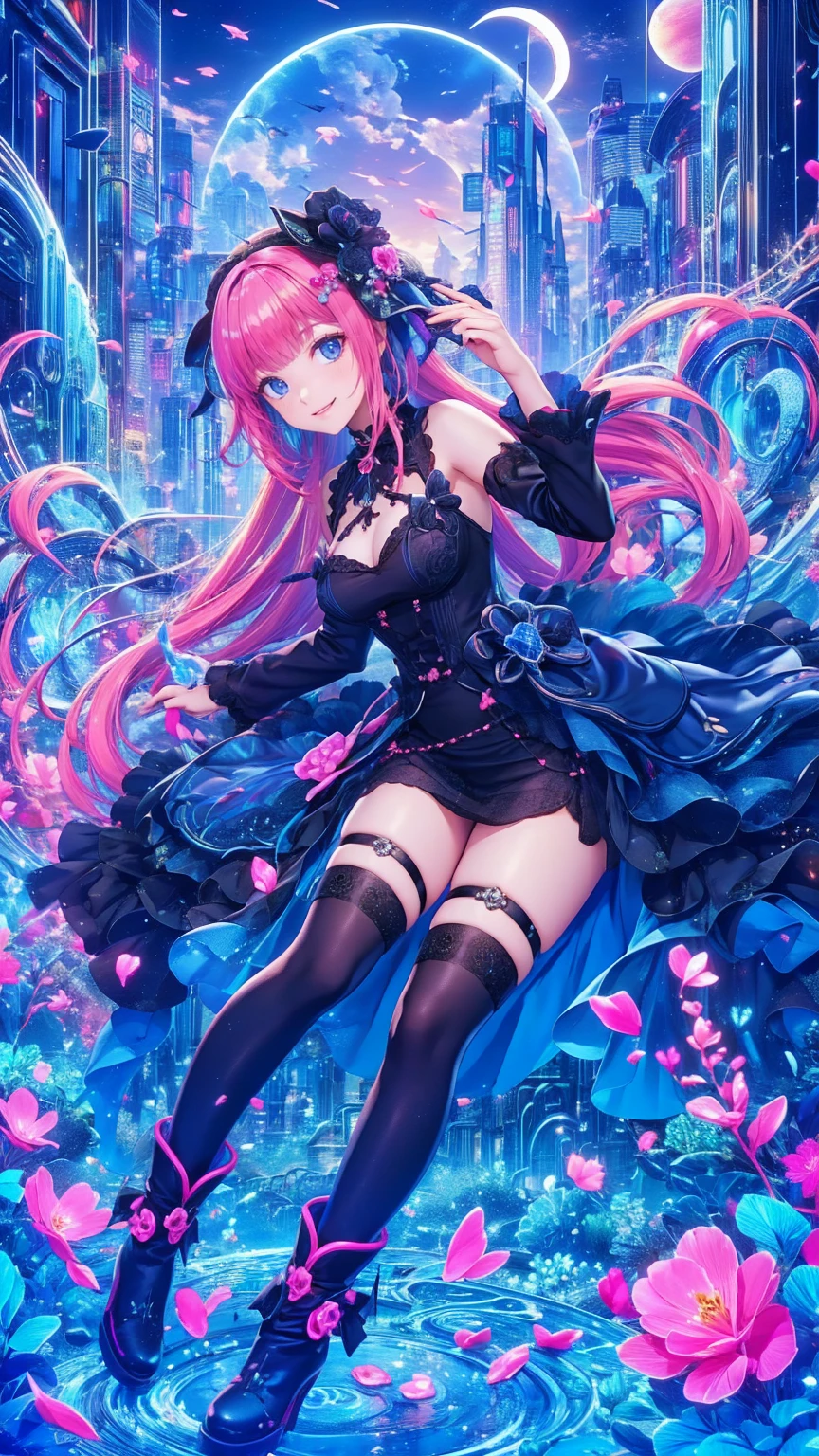   anime style 、story、、   pretty girl 、とてもcute天使、  pink gothic dress 、cute、、smile、  Long Skirt 、   black boots 、Very cute headband
