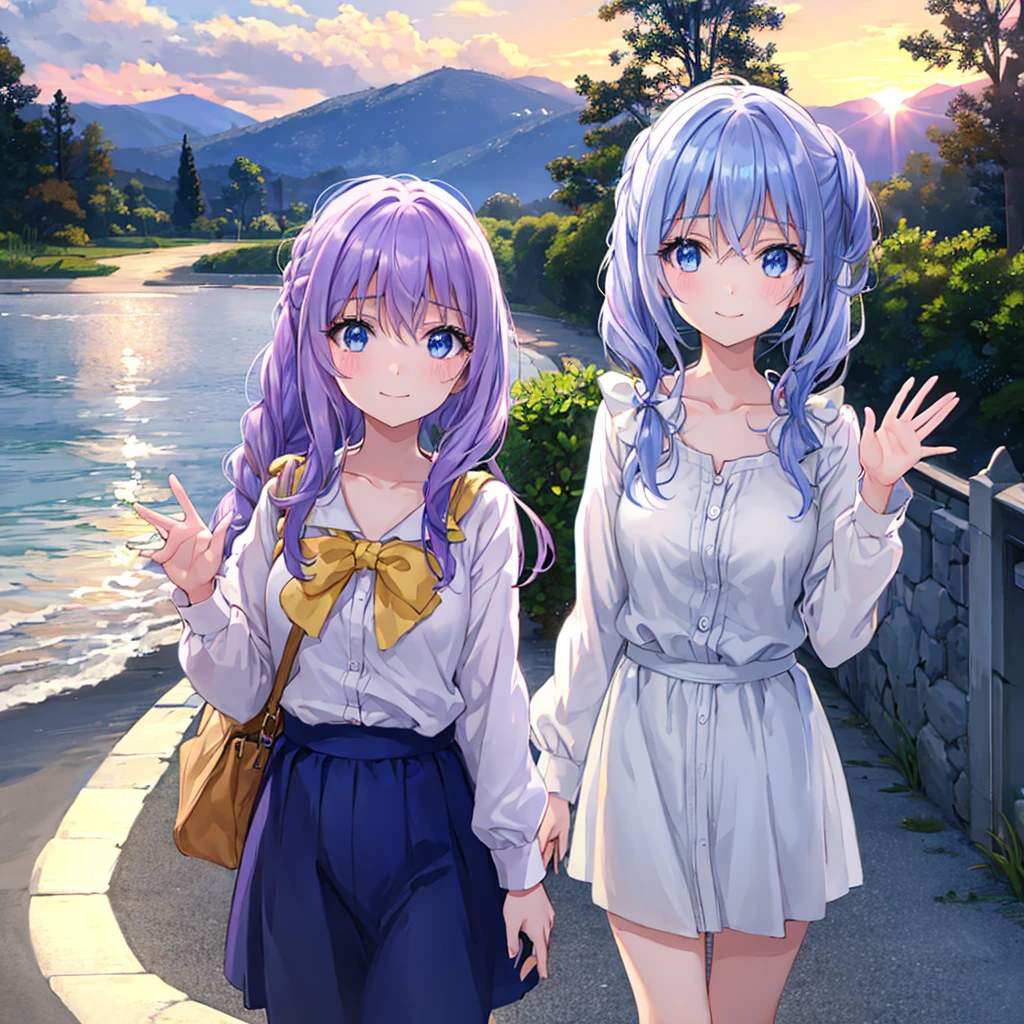 1cute girl, light blue eyes, subdued light purple hair, long hair, sunset, street in the park, cardigan, smile, crying, waving at viewer, going away