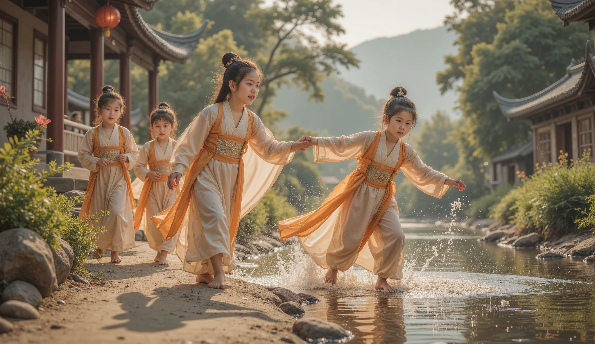 Tang Dynasty, soft natural light ,The camera moves slowly , A group of girls and boys play by the small river at the head of the village,They are wearing Hanfu , the sun shines on them 。