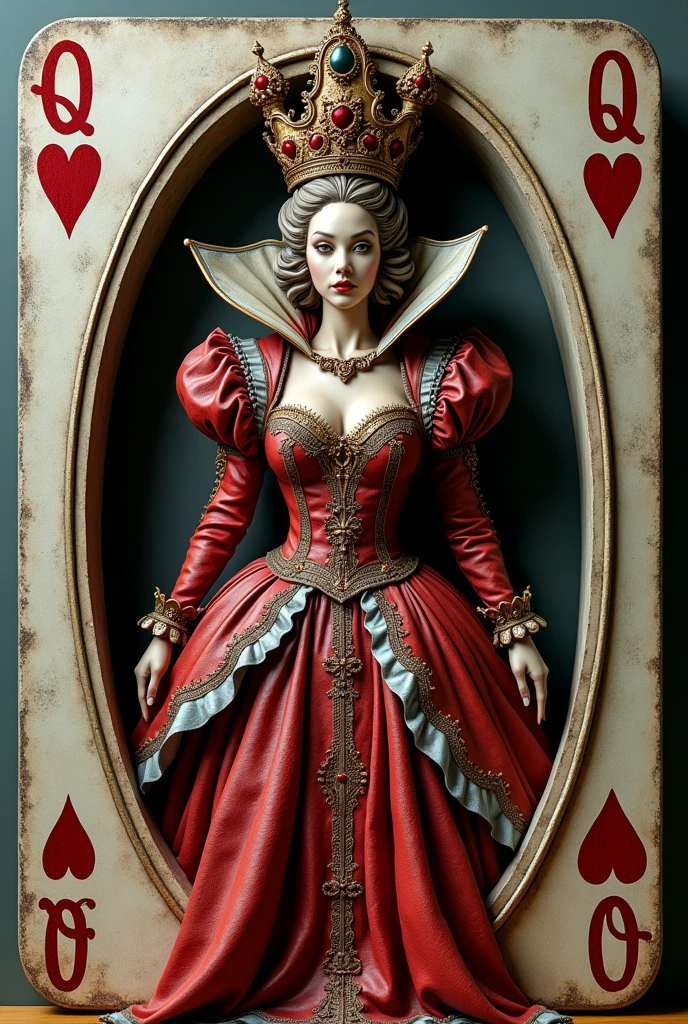 Em um luxuoso cassino, A stunning woman wears an exquisite dress adorned with heart symbols, embodying the royal presence of the Queen of Hearts. Surrounded by a backdrop of poker cards and chips, She exudes confidence and seduction, convidando os jogadores a testar sua sorte e habilidades no jogo de azar. short curly hair, cabelos vermelhos (red hair ) (queen of hearts), backwards, looking back, sorrindo, sorriso largo, upper body